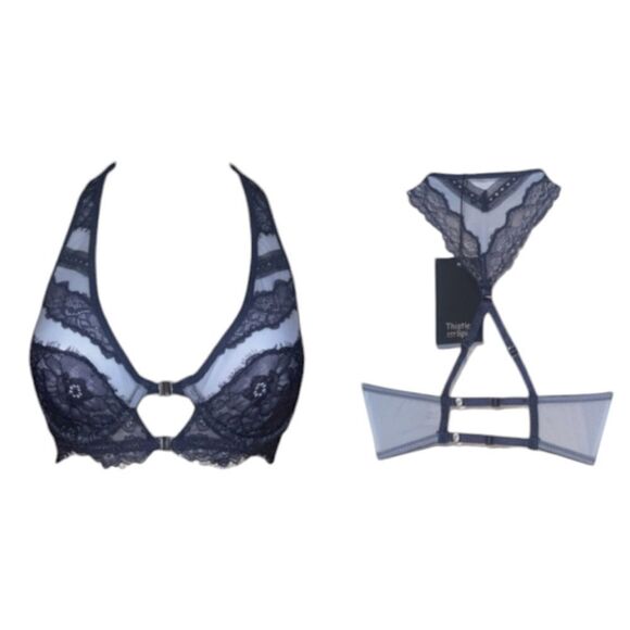 NWT Thistle and Spire Bralett Halter back Denim blue color strappy lace size 32B - Picture 1 of 9